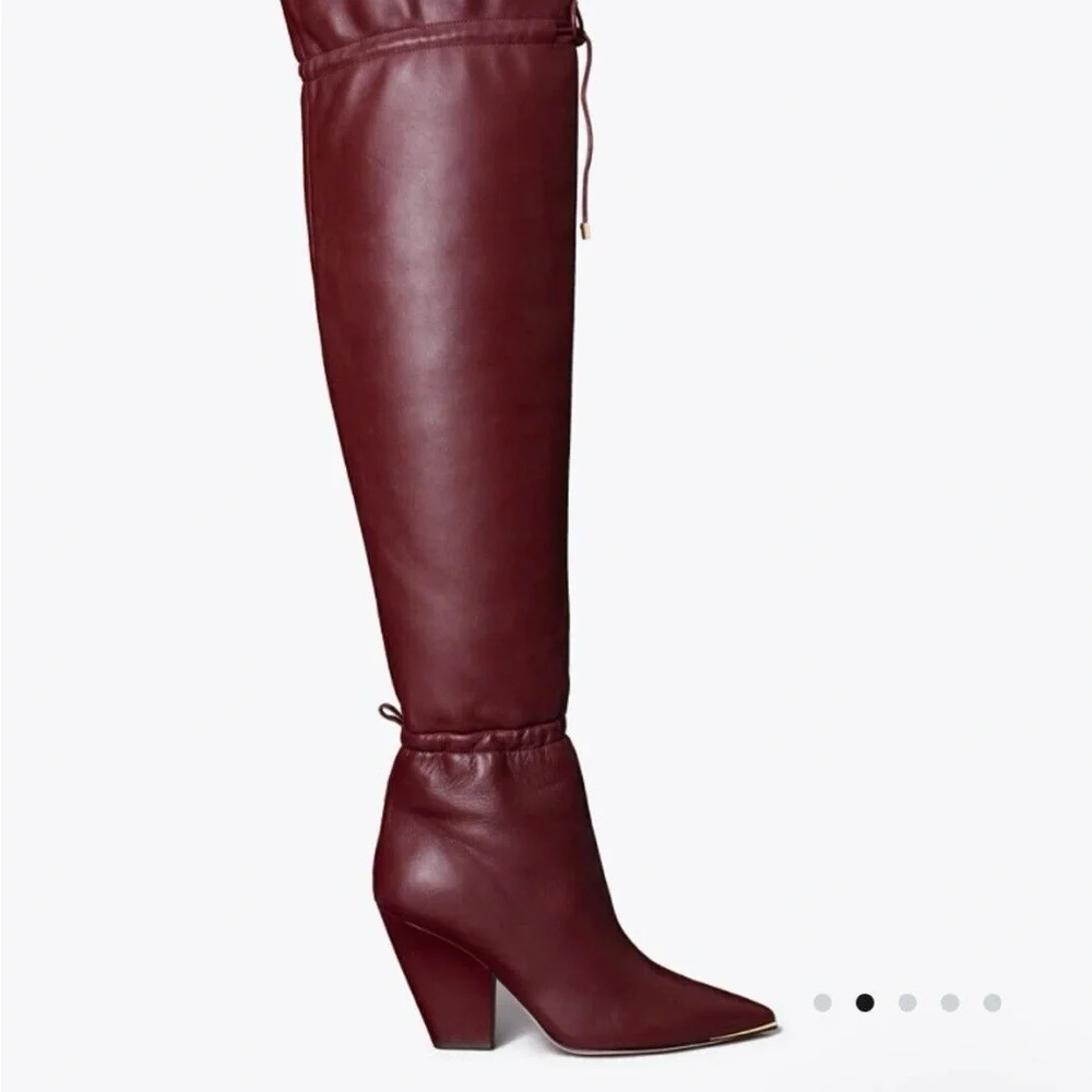 Tory Burch Lila Burgundy Leather Over the Knee Block Heel Boots Luxury 7